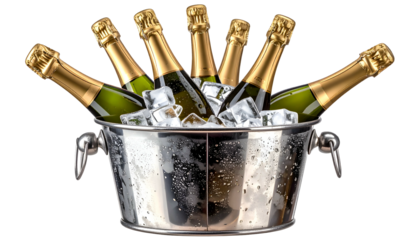 Group of champagne bottles in an ice bucket; golden foil tops, green glass, and icy cubes