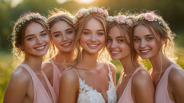 Group of Beautiful Bridesmaids Wearing Flower Crowns Smiling Outdoors in Golden Hour Light, Wedding Party Portrait, Bridal Fashion, Elegant Celebration. - Powered by Adobe