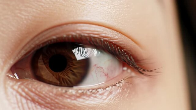 Macro video of a human eye, rich brown iris blinking, then subtly shifting gaze. Sharp focus on intricate anatomical detail against creamy bokeh, hyper-realistic concept.