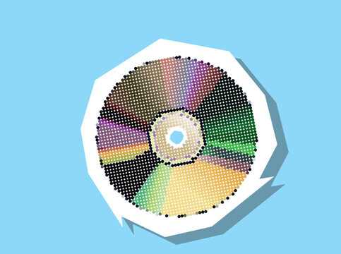 Compact disk halftone dotted collage element pointillize in paper torn vector. Ideal for music, technology, and retro media themes.
