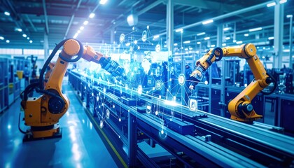 Automated factory assembly line with robotic arms