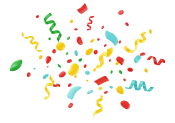 Colorful confetti and serpentine isolated PNG on transparent background, party decoration for celebration and festive events