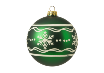 Green Christmas ball PNG isolated on transparent background, holiday ornament with snowflake and dots pattern for festive decoration