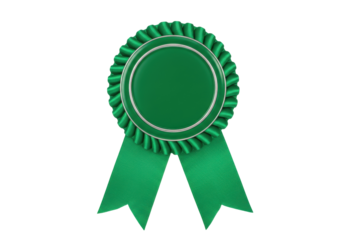 Green award rosette isolated PNG on transparent background, prize ribbon badge for achievement and recognition, winner or champion symbol