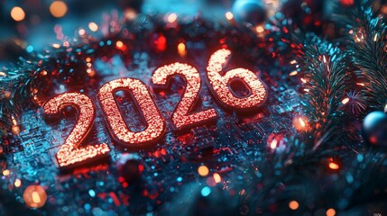 Sparkling 2026 New Year Celebration on Circuit Board with Christmas Decorations and Bokeh Lights, Festive Technology Concept