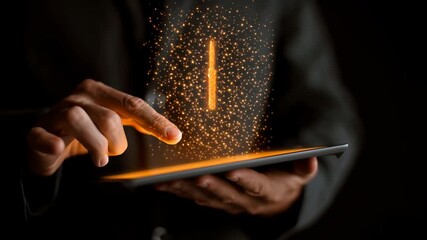 Businessman tapping digital tablet with glowing padlock icon, representing data security and cybersecurity concept - Powered by Adobe