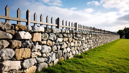 Stone wall and wooden fence under a partly cloudy sky