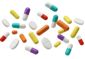 Colorful pills and capsules isolated PNG, pharmaceutical medication for healthcare and medical treatment on transparent background