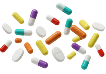 Colorful pills and capsules isolated PNG, pharmaceutical medication for healthcare and medical treatment on transparent background