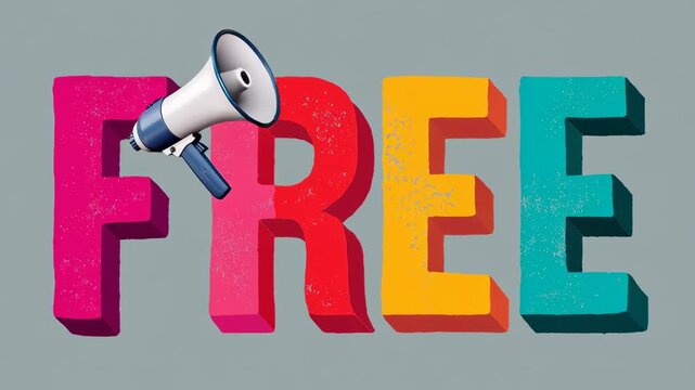 Colorful 3D "FREE" Word with Megaphone Announcing Promotion, Discount, or Freedom