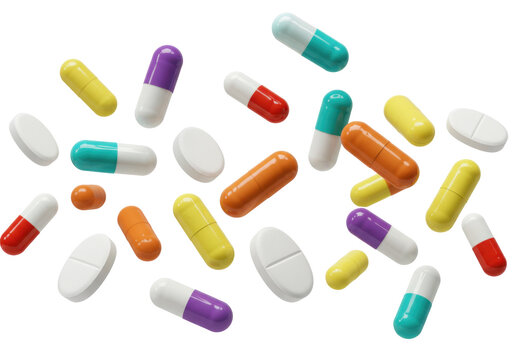 Colorful pills and capsules isolated PNG, pharmaceutical medication for healthcare and medical treatment on transparent background - Powered by Adobe