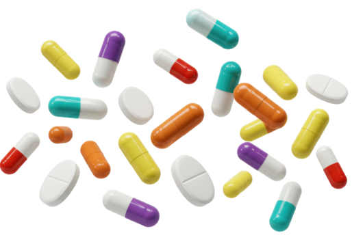 Colorful pills and capsules isolated PNG, pharmaceutical medication for healthcare and medical treatment on transparent background