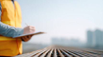 Quality control engineer inspecting steel rods with checklist outdoors, ensuring safety and precision in construction site work