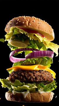 Floating veggie burger ingredients with cheese lettuce on black background