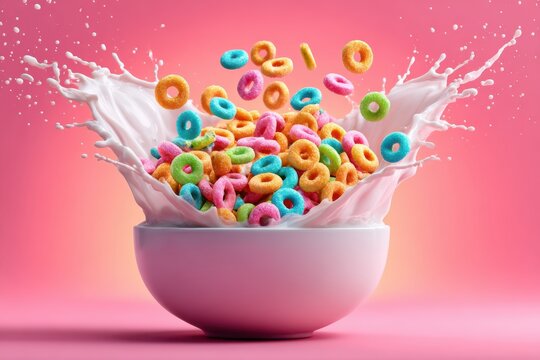 Brightly colored ring shaped cereal explodes from a white bowl with splashing liquid