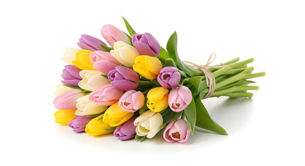 Colorful Tulip Bouquet Tied with Twine on White Background