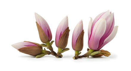 Fototapeta premium Magnolia Flower Buds on White Background pink purple