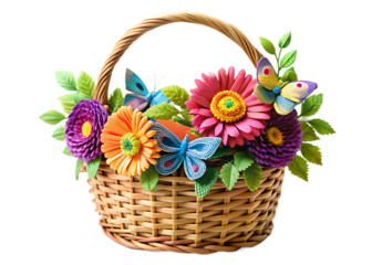 a beautiful paper basket made from rolled paper strips, a craft technique and decorated with beautiful colorful flower's and a butterfly on the handle transparent background