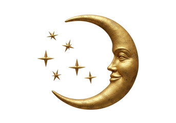 Golden crescent moon with a face and stars PNG isolated on transparent background, celestial body for astrology and fantasy themes © PICSPRO