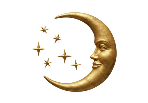 Golden crescent moon with a face and stars PNG isolated on transparent background, celestial body for astrology and fantasy themes