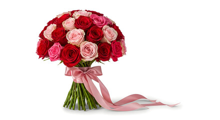 Red and Pink Roses Bouquet with Pink Ribbon flowers