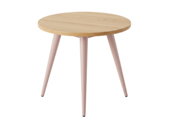 Round wooden side table with pink legs isolated PNG, modern furniture for living room or bedroom on transparent background