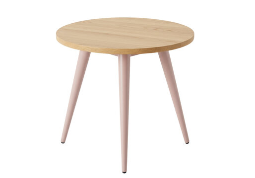 Round wooden side table with pink legs isolated PNG, modern furniture for living room or bedroom on transparent background