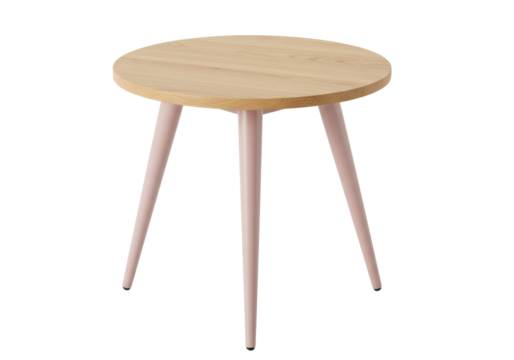 Round wooden side table with pink legs isolated PNG, modern furniture for living room or bedroom on transparent background