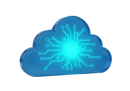 Blue cloud with circuit board pattern isolated PNG, digital technology concept on transparent background for cloud computing and data storage