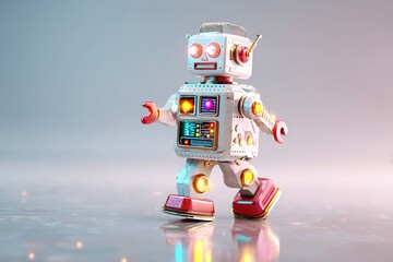 Quirky vintage robot toy walking confidently, perfect for adding a touch of playful nostalgia to technology or childhood-themed projects with its retro charm