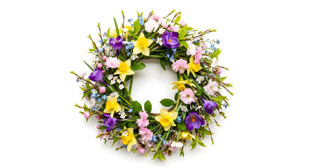 Spring Wreath With Daffodils Crocuses And Willow Branches