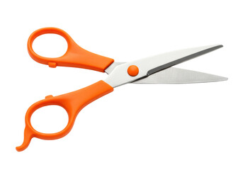 Orange handled scissors isolated PNG on transparent background, sharp metal blades for cutting paper and craft projects