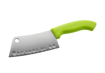 Butcher knife with green handle isolated PNG on transparent background, cleaver for meat cutting and food preparation