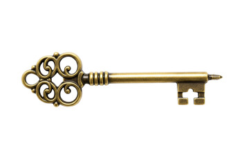 Antique golden key PNG isolated on transparent background, vintage ornate skeleton key for design elements and security concepts