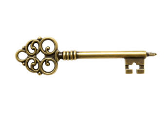 Antique golden key PNG isolated on transparent background, vintage ornate skeleton key for design elements and security concepts