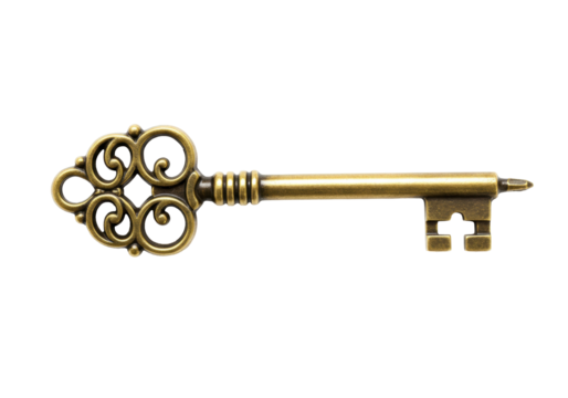 Antique golden key PNG isolated on transparent background, vintage ornate skeleton key for design elements and security concepts