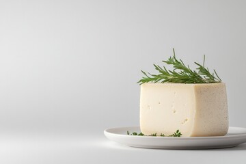 Creamy cheese block garnished with fresh herbs on minimalist pla