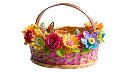 a beautiful paper basket made from rolled paper strips, a craft technique and decorated with beautiful colorful flower's and a butterfly on the handle transparent background