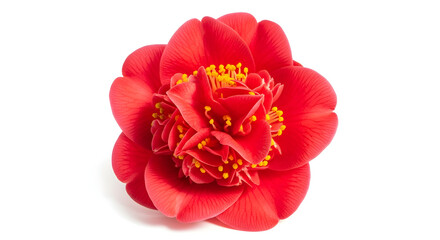 Vibrant Red Camellia Flower on White Background petals