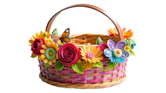 a beautiful paper basket made from rolled paper strips, a craft technique and decorated with beautiful colorful flower's and a butterfly on the handle transparent background