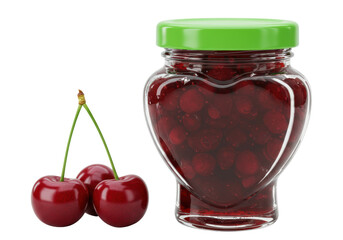 Delicious cherry jam in heart-shaped jar isolated PNG, homemade fruit preserve on transparent background for food and dessert concepts