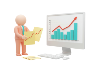 3D cartoon businessman with charts isolated PNG, financial analysis and business growth presentation on transparent background