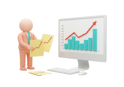 3D cartoon businessman with charts isolated PNG, financial analysis and business growth presentation on transparent background