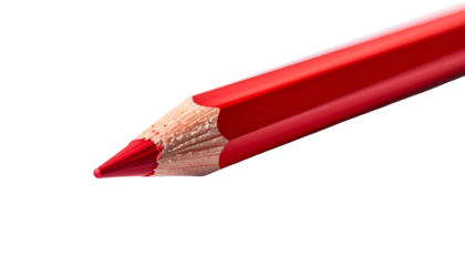 Close-up shot of a sharp, red colored pencil on a stark black background, angled down