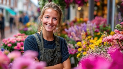 Smiling florist surrounded by vibrant flowers, showcasing local artistry and community spirit