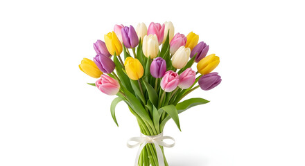 Colorful bouquet of tulips tied with white ribbon flowers