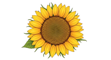 Detailed Illustration of a Sunflower with Green Leaf Keywords: sunflower, flower, yellow, orange