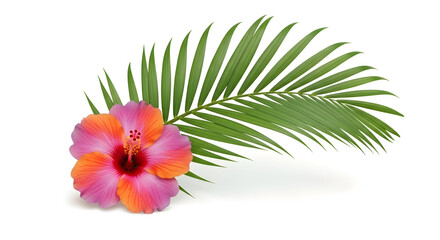 Pink and orange hibiscus with palm frond on white flower