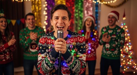 Obraz premium Festive celebration of ugly sweater day with friends singing and joyful holiday cheer