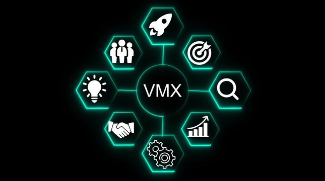V M X business strategy icons infographic concept with rocket team target search growth gears handshake lightbulb on black background digital animation